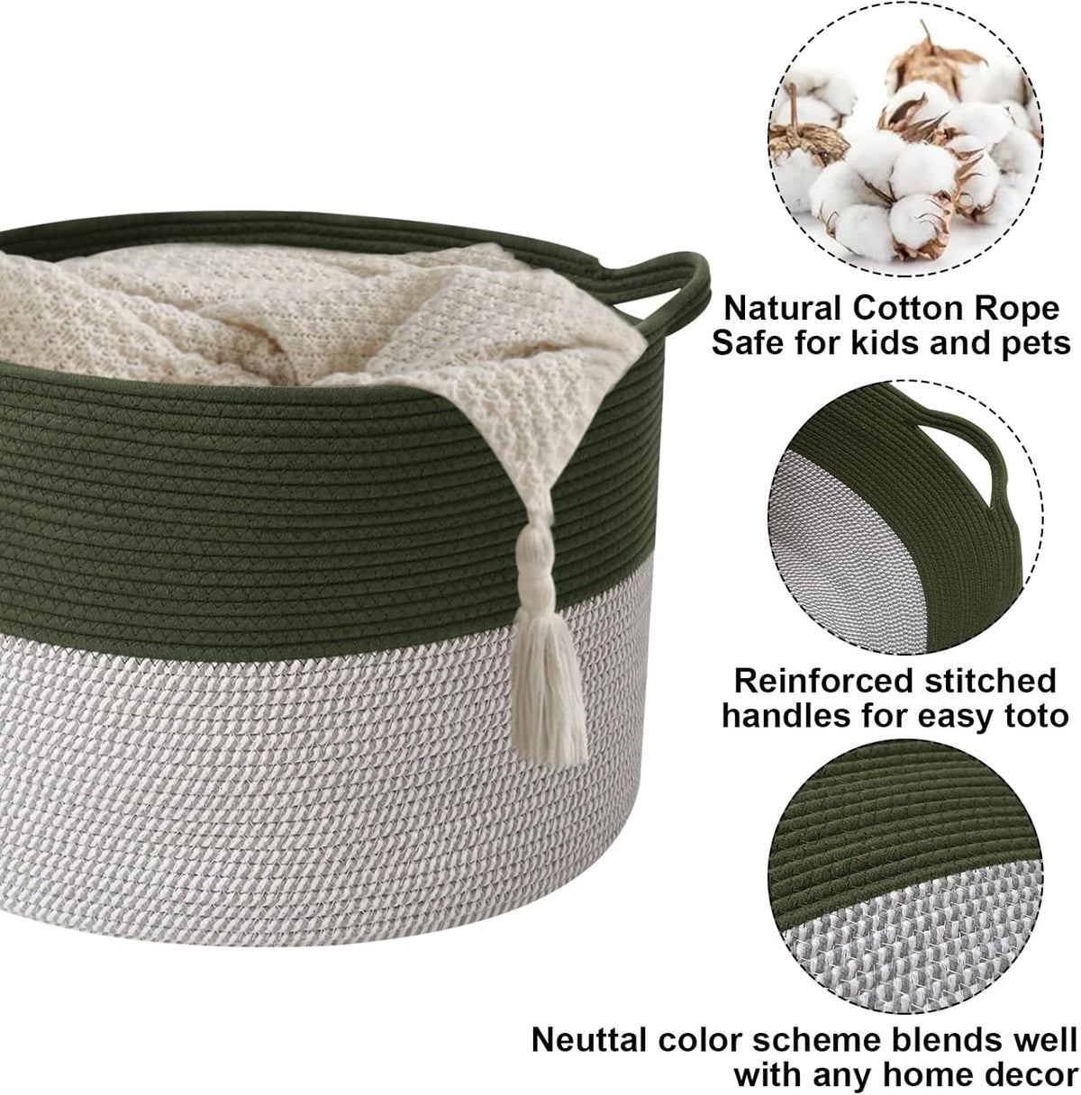 Large Blanket Basket for Organizing,65L Closet Organizers and Storage Bins Box for Shelves Woven Rope Storage Baskets,Living Room,Bedroom,Dorm,Laundry room (Green&White)