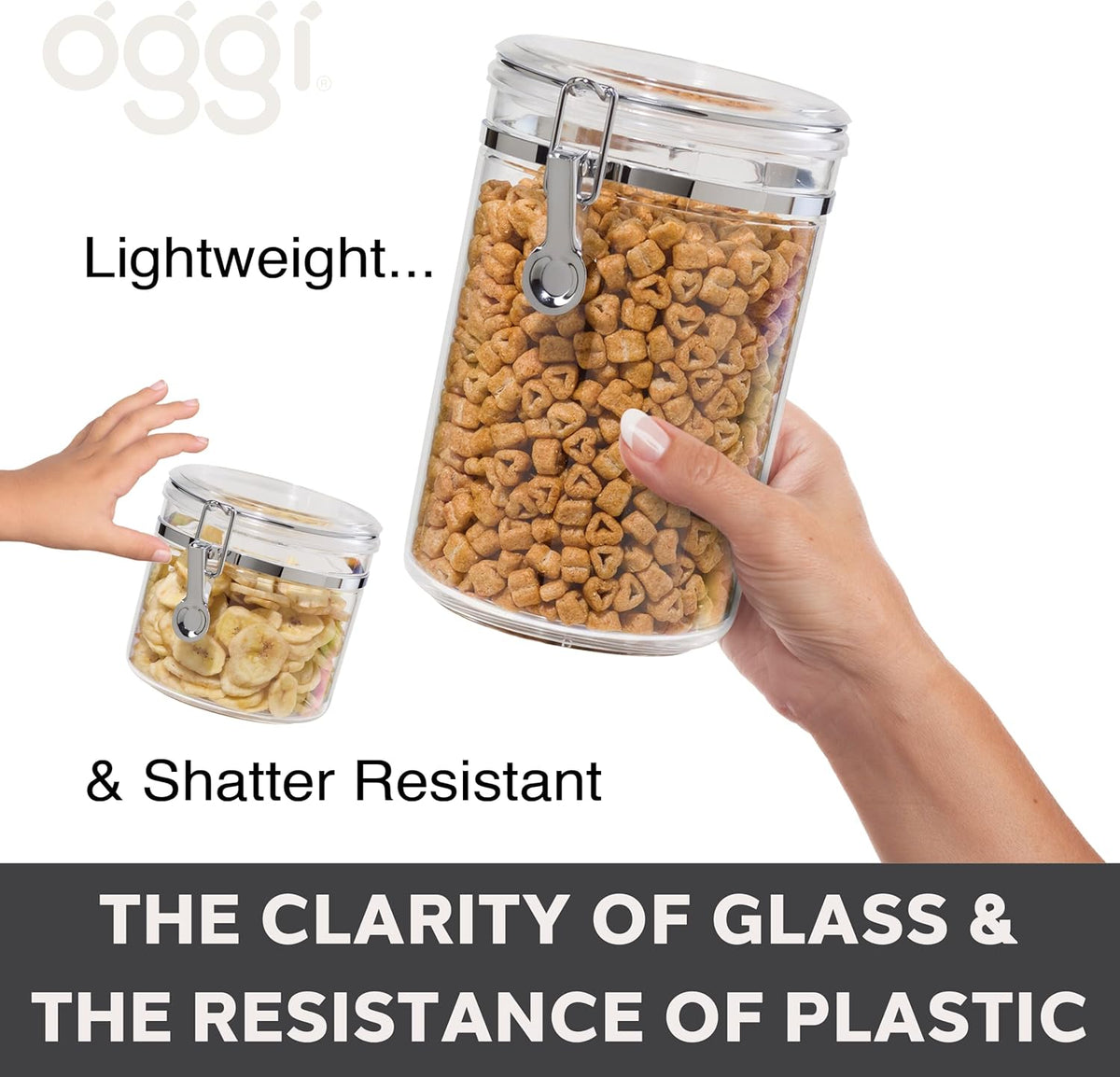 OGGI Medium-Sized Clear Canister with Clamp Lid, 61 oz - Large Airtight Food Storage Container, for Kitchen & Pantry Storage of Bulk, Dry Foods, Pasta, Flour, Sugar, Coffee, Rice, Tea, Spices & Herbs