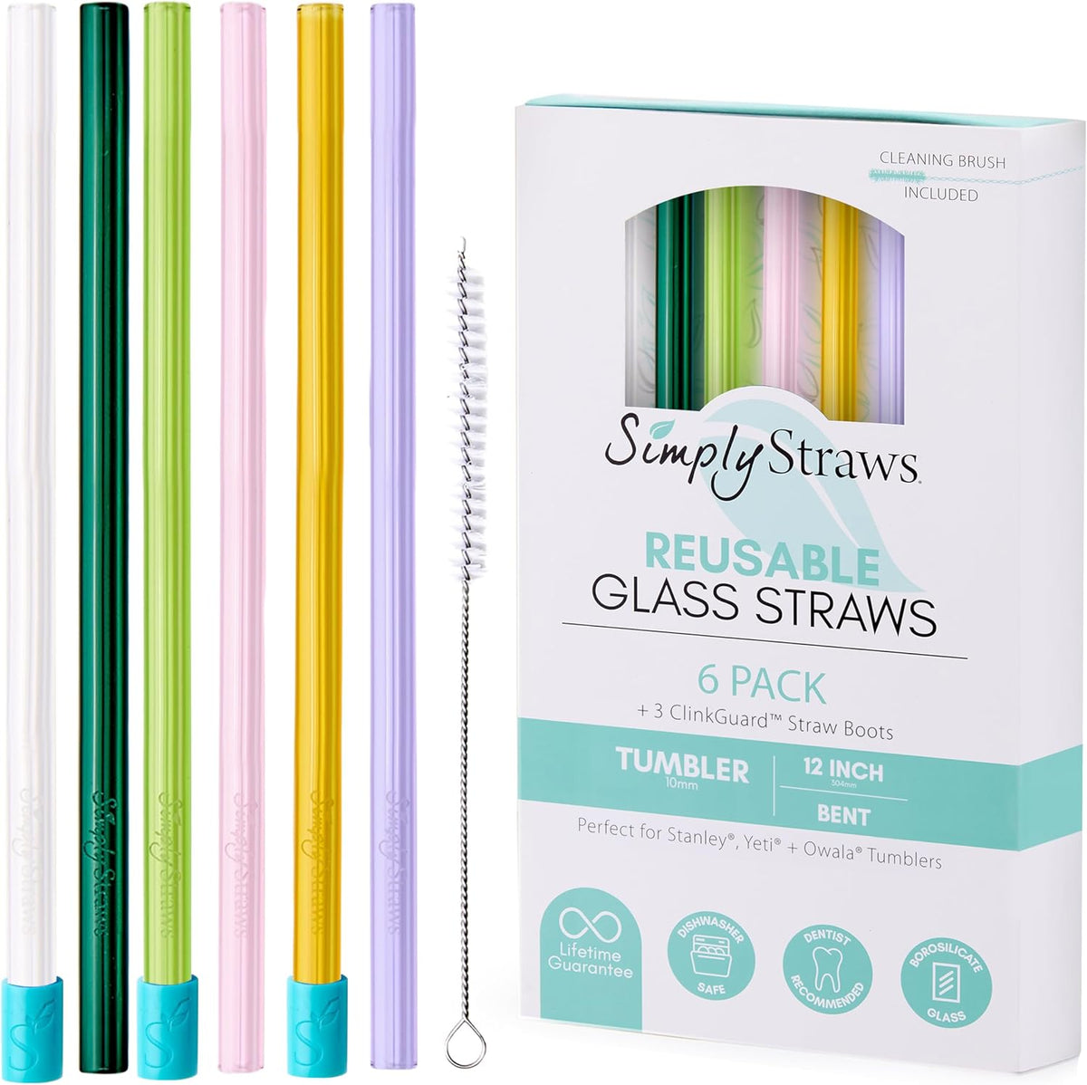 Simply Straws 12 Inch Glass Straws Straight (6-Pack) – Reusable Glass Straws for Stanley 40 Oz Tumbler, with Cleaning Brush – Durable, Dishwasher Safe, Hot & Cold Use, BPA-Free (Meadow)