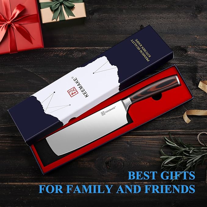KEEMAKE Nakiri Knife 7 Inch - Sharp Meat Cleaver with High Carbon Stainless Steel Blade, Japanese Kitchen Vegetable Cooking Knife with Ergonomic Pakkawood Handle and Gift Box Included
