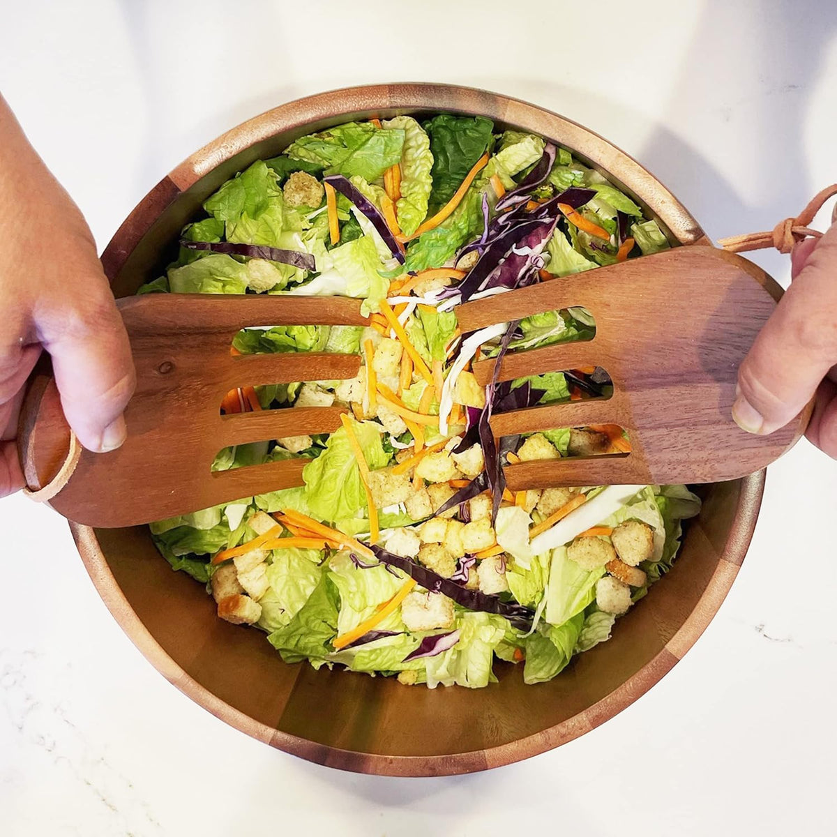 Woodard & Charles Acaica Wood 12" x 5" Serving Bowl Set with Serving Hands, 3 Piece Set