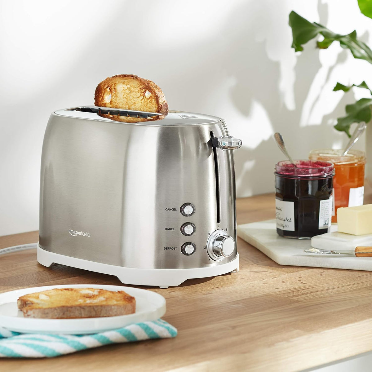 Amazon Basics 2 Slice Cool Touch Stainless Steel Toaster with 7 Browning Settings, Extra Wide Slots (for Bagels, Waffles, Specialty Breads), Removable Crumb Tray, Cancel Button, 800W, Brushed Silver