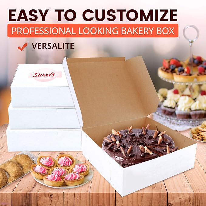 Fit Meal Prep Bakery Boxes - 250 Pack, 8 x 8 x 3 Inches, Kraft Lining, Pastry, Pie, Cookie, Dessert Boxes for Cupcakes, Chocolates, Donuts, Macarons