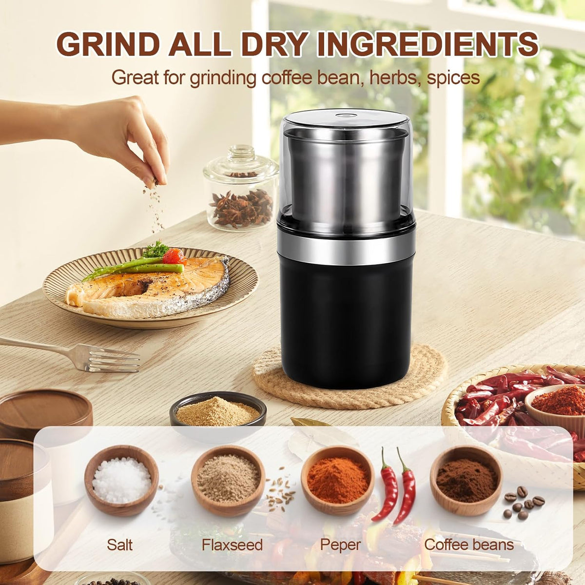 Electric Coffee Grinder, Dual Stainless Steel Bowls for Beans Spices Nuts Wet&Dry Grinding 30000RPM Overheat Protection Compact for Kitchen Herbs Spices Nuts Grains Espresso