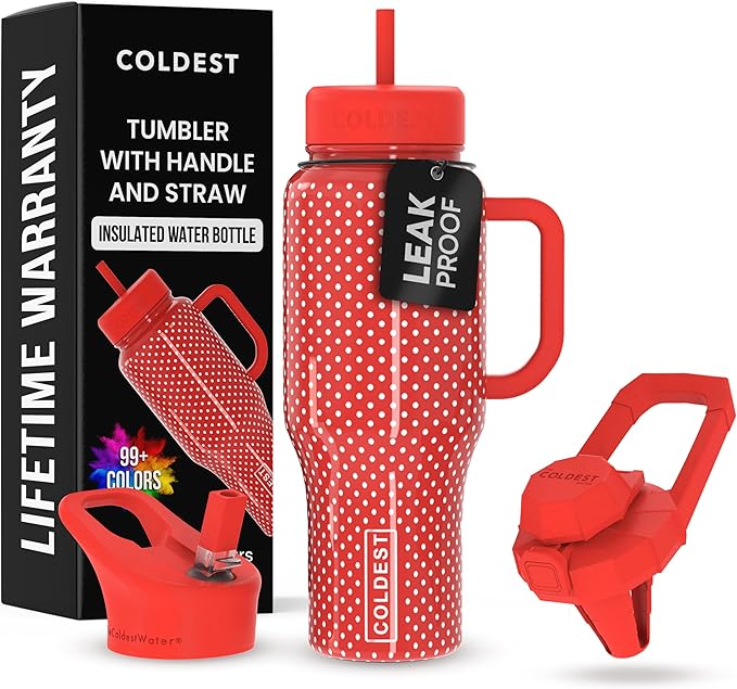 Coldest Tumbler with Handle and Straw - 100% Leak Proof Insulated Tumbler with Lid and Straw (3 Lids) - Stainless Steel Tumblers for Women & Men - Cup Holder Friendly Base, 36 oz (Red Dress)