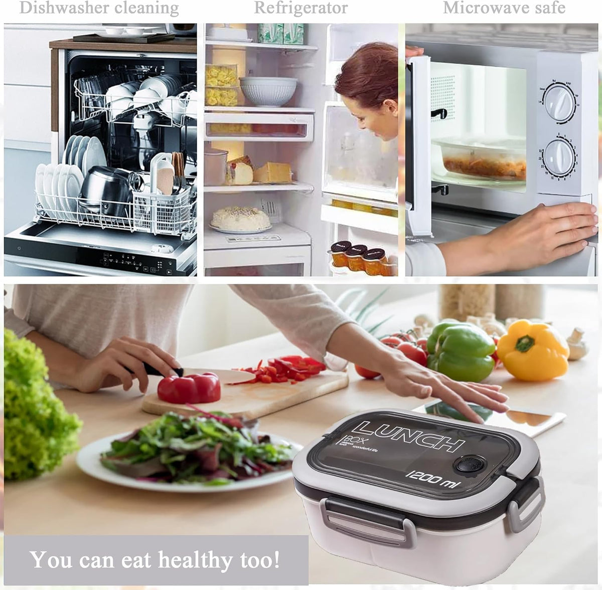 Bento Box Adult, Lunch Box for Men and Women, 1200ML Leak-proof Double-layered with Handle Lunchbox, Reusable BPA-Free Lunch Container, Microwave/Dishwasher Safe, Snack Box with Cutlery Set, White