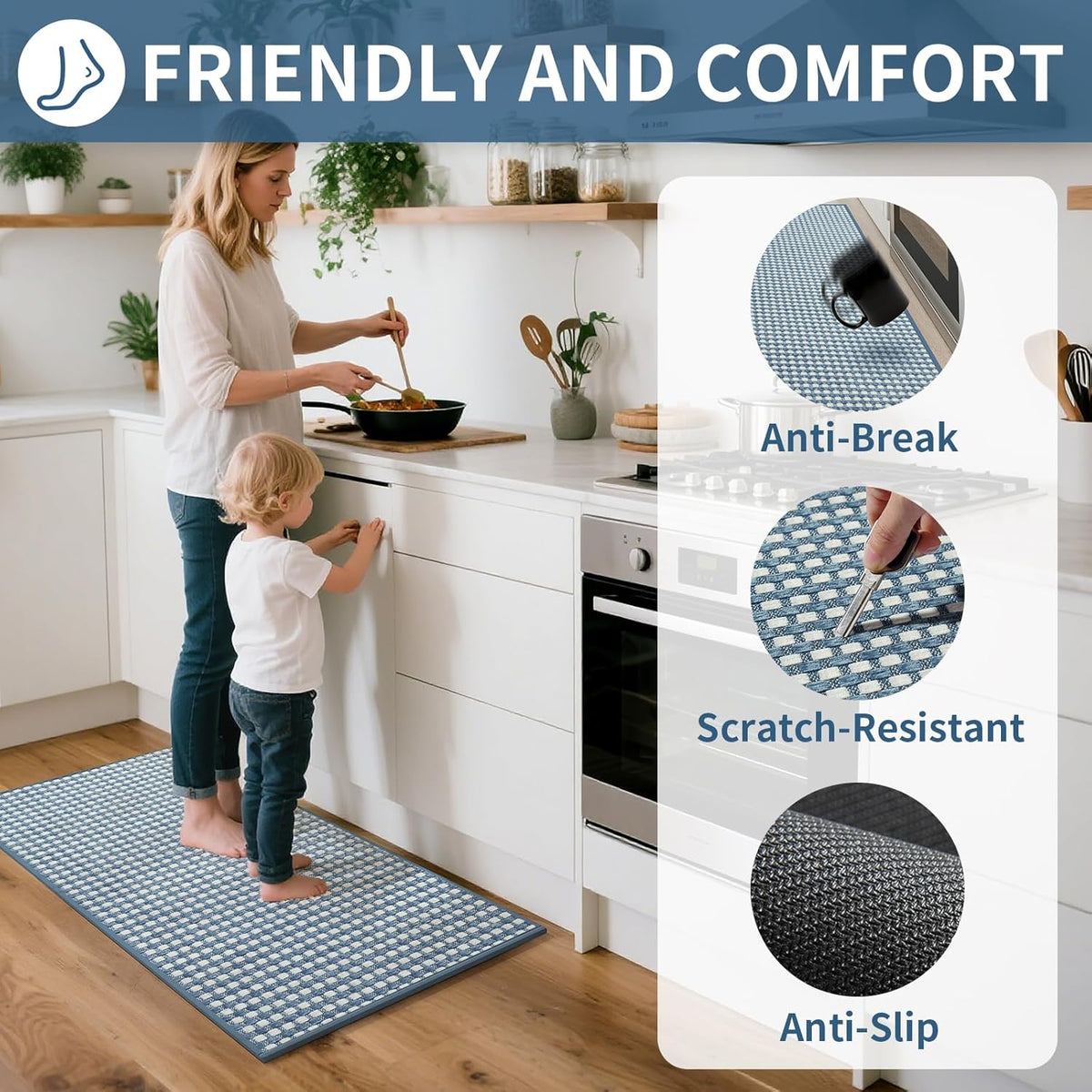 Kitchen Mats for Floor, Super Absorbent Kitchen Rugs Non Slip Washable, Rubber Backing Soft Chenille Braided Kitchen Runner Rug Standing Mat Sink Mat, Easy to Clean, Blue 17"x28"