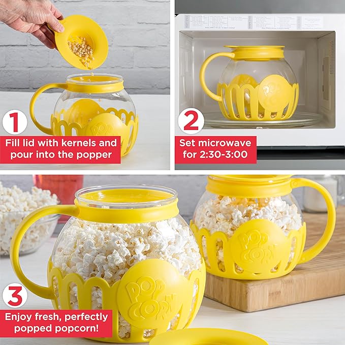 Ecolution Patented Micro-Pop Microwave Popcorn Popper with Temperature Safe Glass, 3-in-1 Lid Measures Kernels and Melts Butter, Made Without BPA, Dishwasher Safe, 3-Quart, Yellow