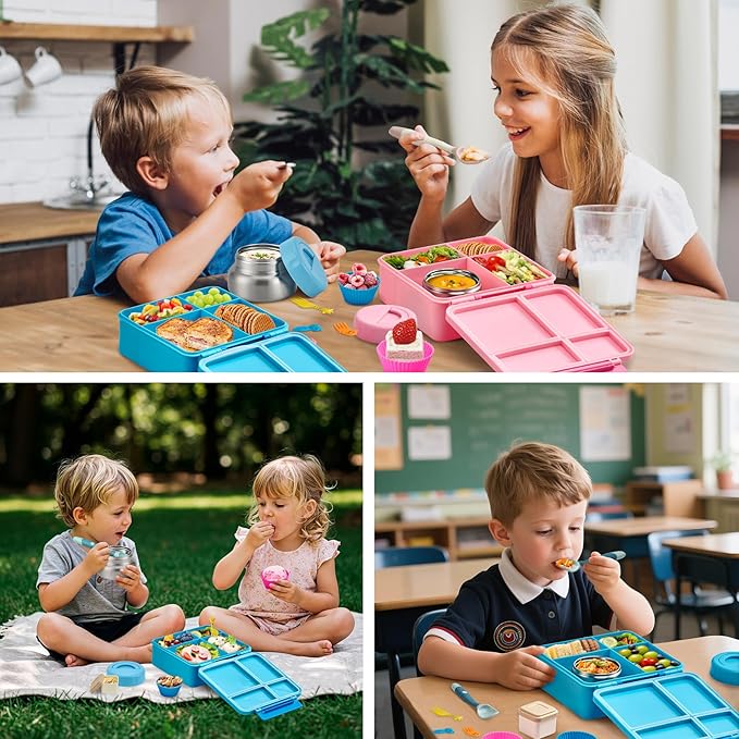 Bento Lunch Box with 9.5 oz Soup Thermo, Kids Leakproof 4 Compartments Bento Box with Silicone Cupcake,Fruit Fork,Spoon and Sauce Cup,Insulated Food Jar for School Travel-Blue