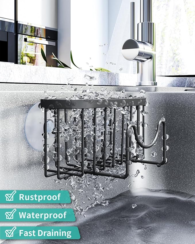 HapiRm Multifunctional Sponge Holder with Unique M-Shaped, 2 Installation Methods Kitchen Sink Caddy Organizer, Rustproof Stainless Steel Sponge Caddy for Brush, Sink Stopper and Scraper -Black