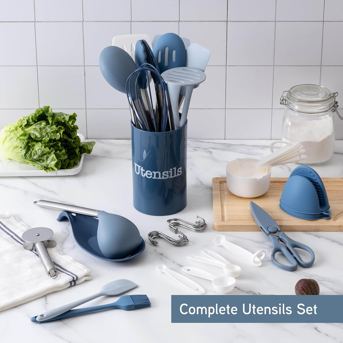 COOK WITH COLOR Silicone Cooking Utensils, Kitchen Utensil Set, Easy to Clean Silicone Kitchen Utensils, Cooking Utensils for Nonstick Cookware, Kitchen Gadgets Set, 38 Piece, Blue and White