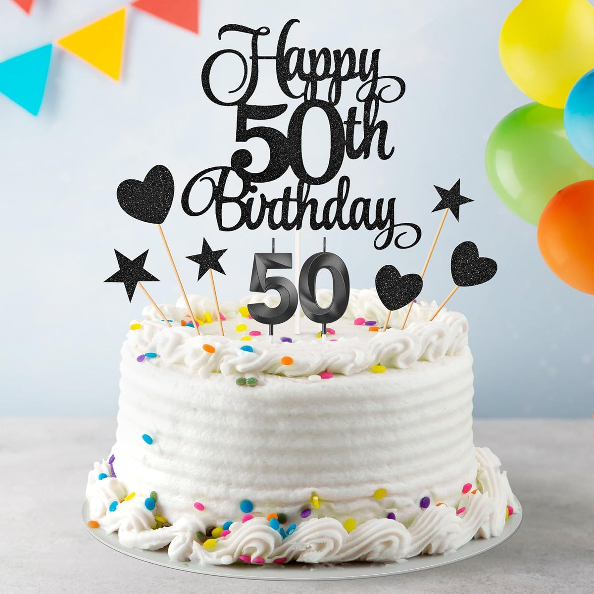 50th Birthday Cake Decorations, 50th Birthday Candles Cake Numeral Candles and Glitter Happy 50th Birthday Cake Toppers Set for Birthday Party Supplies (Black)