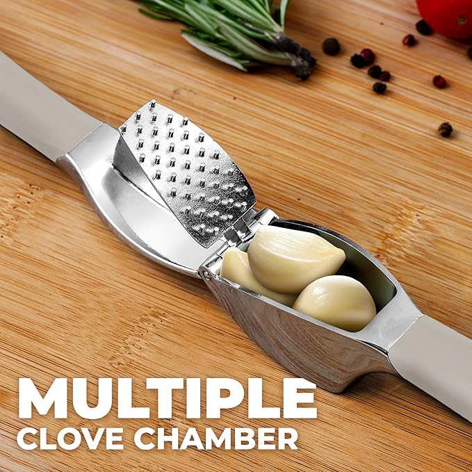 Zulay Kitchen Comfort Grip Garlic Press - Garlic Mincer Tool - Garlic Crusher - Garlic Press Mincer Rust Proof, with Soft Ergonomic Handle, Easy Clean Set with Peeler and Brush - Gray