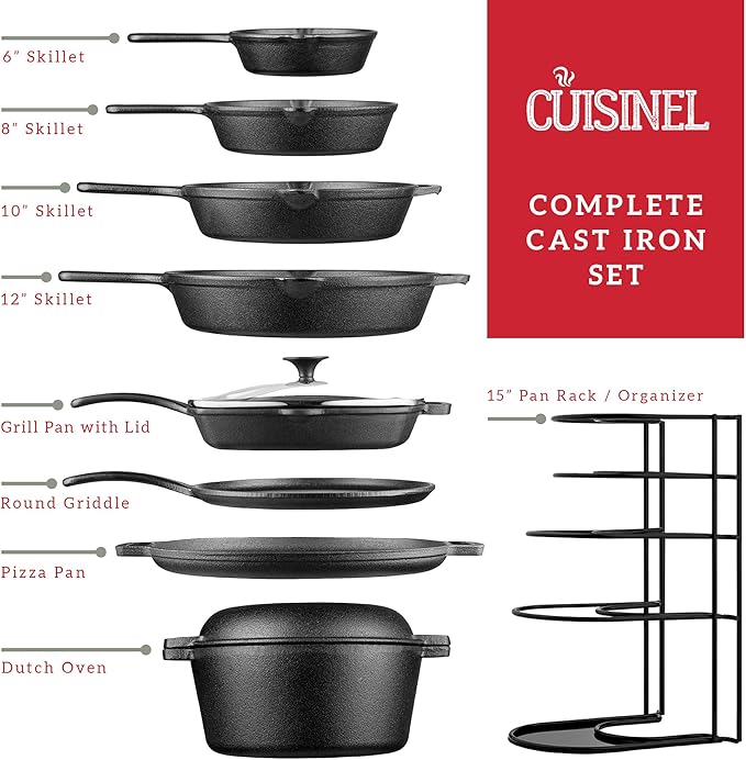 Cuisinel Cast Iron Cookware 18-Piece Set - Pre-Seasoned 6" + 8" + 10" + 12" Skillet + Grill Pan+Lid + Griddle + Pizza Pan + Dutch Oven+Pan Cover + Panrack + Silicone Handle Grips + Pan Scraper/Cleaner