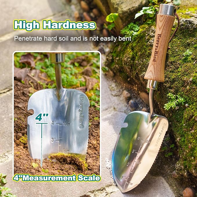 Berry&Bird Weeding Trowel, Multi- Use Hand Shovel with Serrated Blade Stainless Steel Garden Trowel Plus Size Potting Trowel with Wooden Handle for Transplanting, Digging, Measuring, Cutting Roots