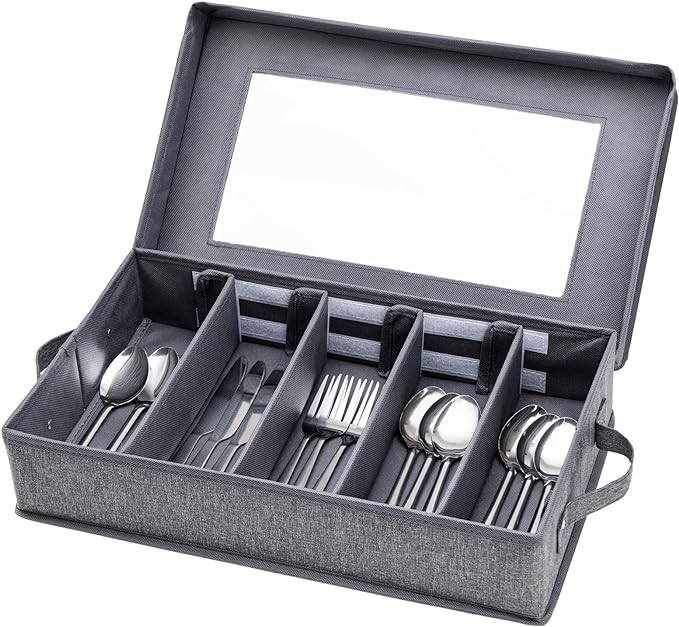 Silverware Storage Box, Flatware Storage, Utensil Storage with Removable Lid and Adjustable Dividers for Organizer Utensils, Cutlery, Flatware, Knives, Large Capacity Gray