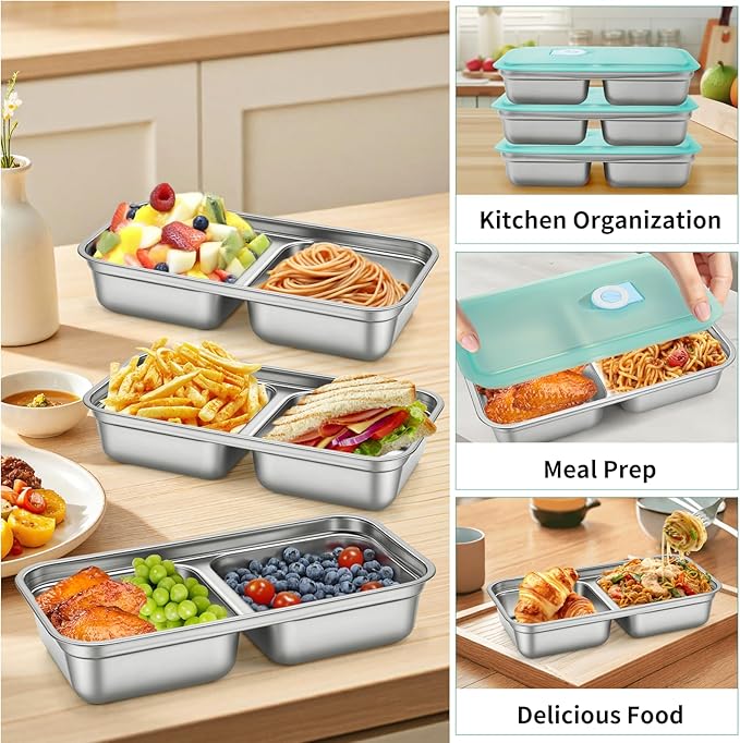 3 Pack Leakproof Stainless Steel Snack Containers with Secure Sealed Lids, Reusable 2 Compartment Bento Boxes for Lunch Prep, Travel, School & Office Stainless Steel Lunch Box