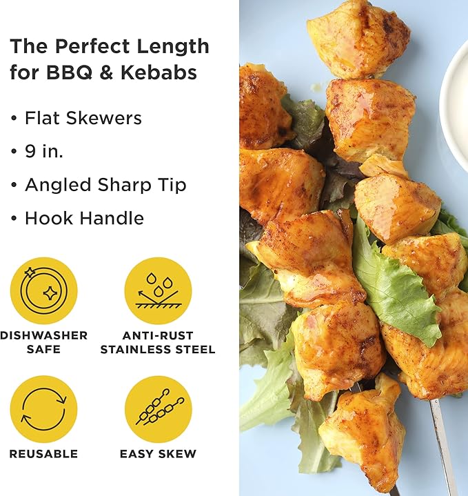 O-Yaki Flat Metal Kabob Skewer for Grilling – Set of 8 BBQ Skewers Stainless Steel with Storage Bag, Dishwasher Safe Skewers with Hook Handle & Sharp Tip for Outdoor BBQ, Cookouts & Oven Use – 9 Inch