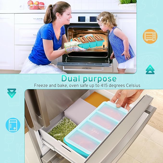 Silicone Freezer Tray with Lid - 1 Cup Silicone Food Freezer Tray - Large Ice Cube Freezer Molds - Soup, Sauce, leftovers, Homemade Meal Prep Freezing Kitchen Storage Containers - Aqua - 2-Pack