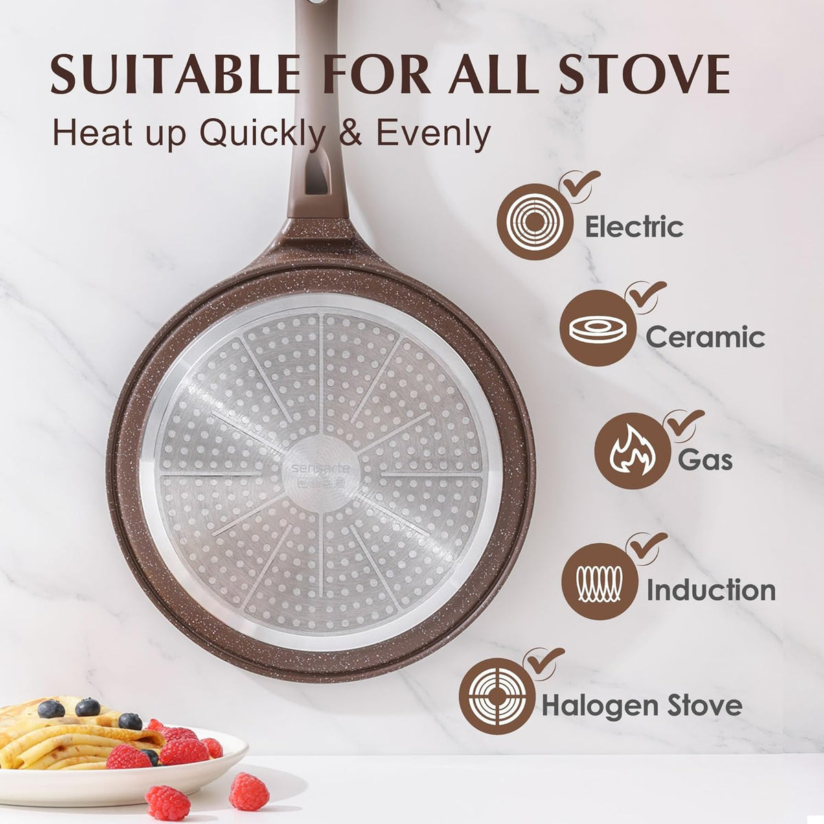 SENSARTE Nonstick Crepe Pan, Swiss Granite Coating Dosa Pan Pancake Flat Skillet Tawa Griddle 10-Inch with Stay-Cool Handle, Induction Compatible (Toffee Brown)