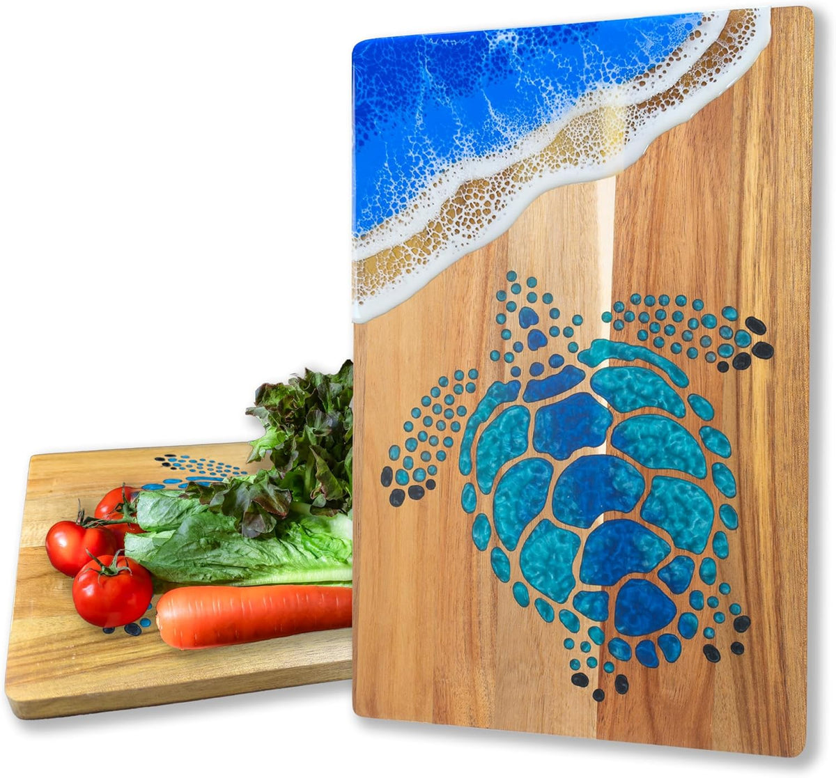 Acacia Wood Cutting Board With Blue Resin Wave & Sea Turtle Epoxy Resin Ocean Pan for Kitchen Meal Prep Serving Tray Versatile Cheese & Charcuterie Board for Meat Vegetable Gift 15*10 inch
