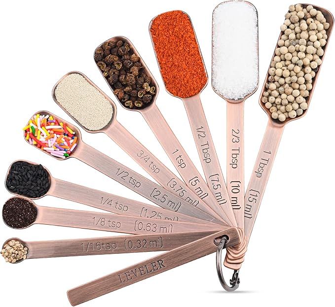 Copper Measuring Cups and Spoons Set, 20-Piece Stainless Steel Measuring Cups and Spoons Set, Measuring Stick Leveler, Measurement Conversion Chart Fridge Magnet, with 2/3 & 3/4 Measure Cup