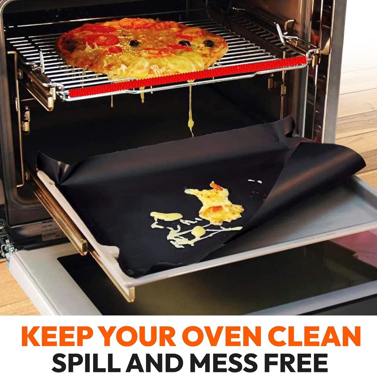 Oven Liners for Bottom of Oven (2-pack) Bundled with Rack Shield Guard (2-pack) - Large Mats for the Bottom (17"x 25") and 14" Silicone Rack Protector - Reusable & Heat Resistant Kitchen Accessories