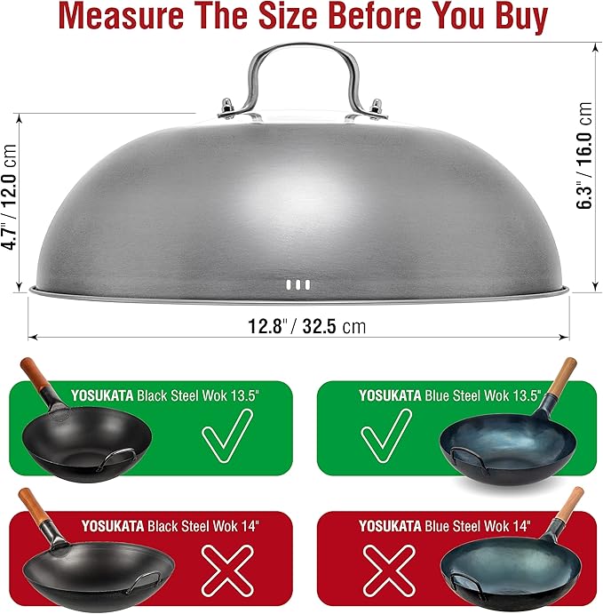 YOSUKATA Wok Lid 12.8 In for 13.5-In Wok - Premium Stainless Steel Cover with Tempered Glass Insert Steam Holes and Ergonomic Handle - Durable Stainless Steel Accessories - Dishwasher-Safe
