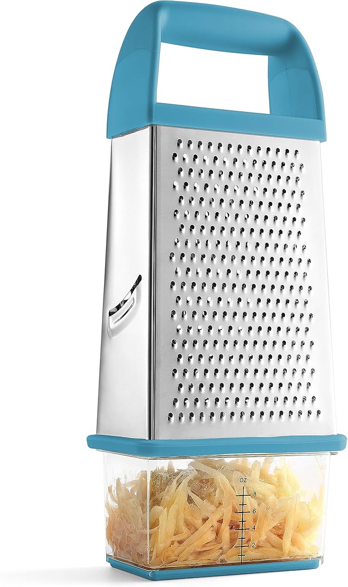 Spring Chef Professional 10" Parmesan Cheese Grater With Container, Stainless Steel & Soft Grip Handle, 4 Sided Kitchen Cheese Shredder Handheld Box Grater for Vegetables, Carrot, Ginger - Aqua Sky