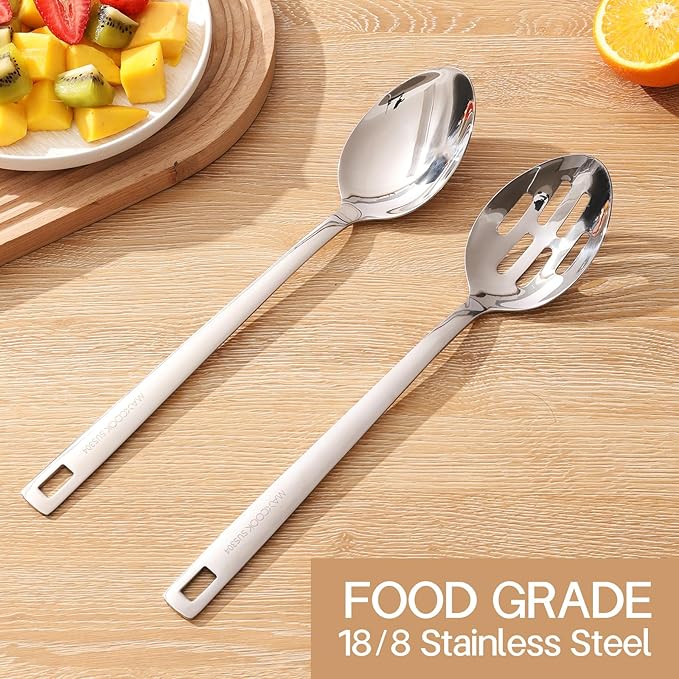 18/8 Stainless Steel Cooking Spoons Set - 2-Piece Solid Slotted Serving Spoon Cooking Utensils set for Pasta, Veggies, Salads (Dishwasher-Safe)