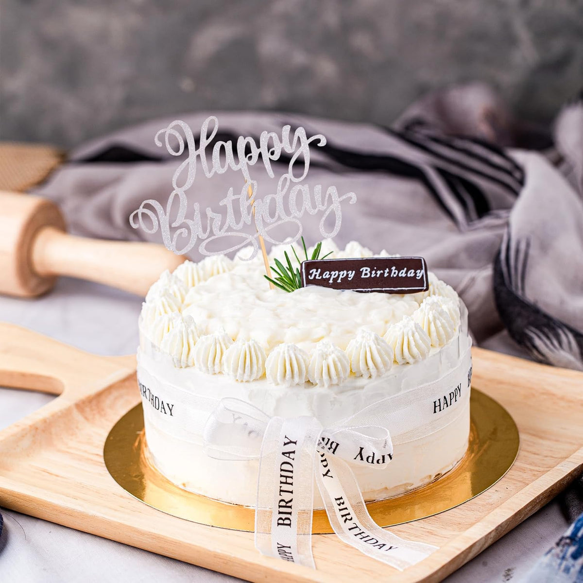 Happy Birthday Cake Toppers 9 Inch Glitter Happy Birthday Cake Pick for Birthday Anniversary Theme Party Cake Decorations Supplies - Silver