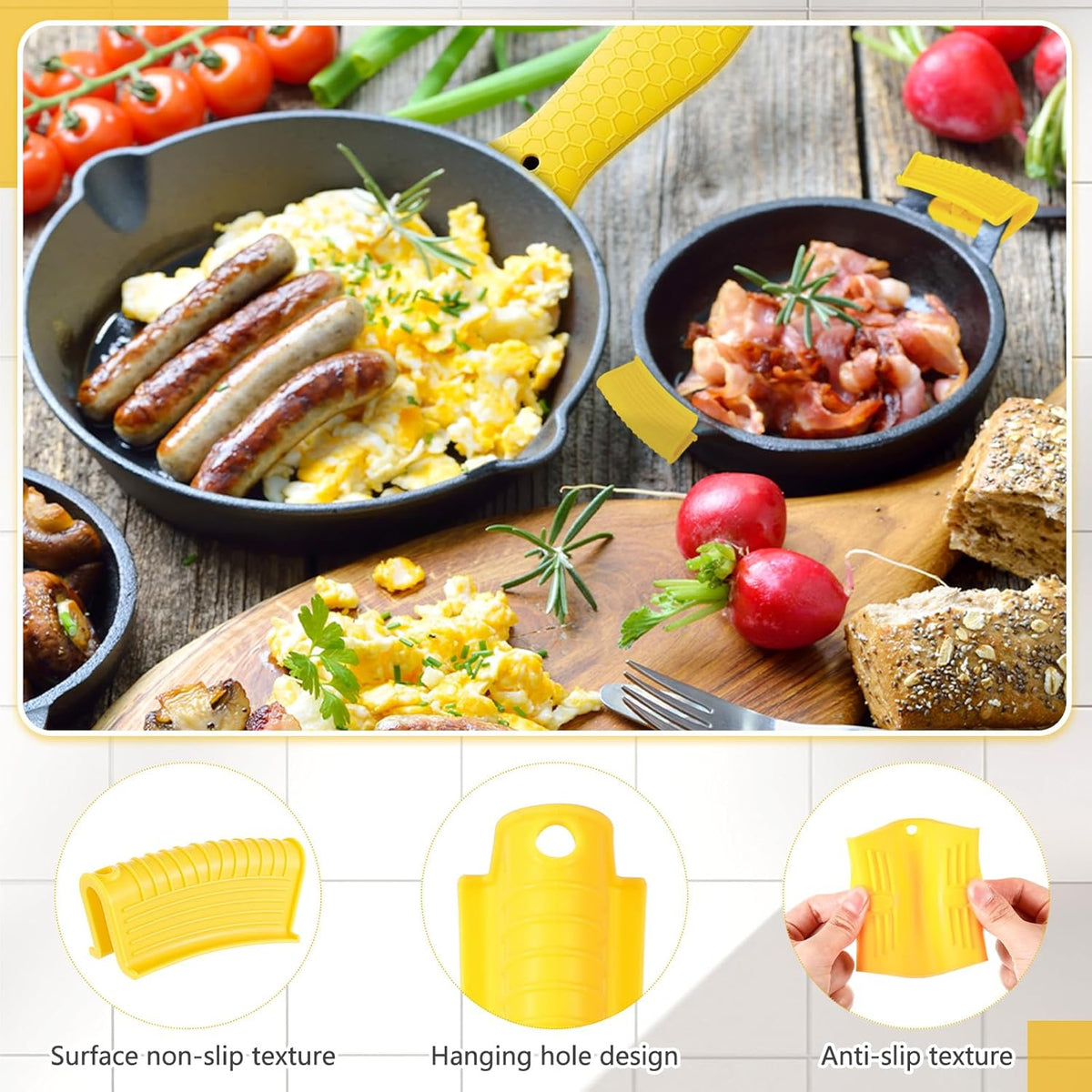Patelai 8 Pcs Silicone Pot Holders Cast Iron Handle Cover Heat Resistant Pot Handle Covers Potholder Non Slip Reusable Pan Sleeve for Frying Pan Kitchen Supplies(Yellow)