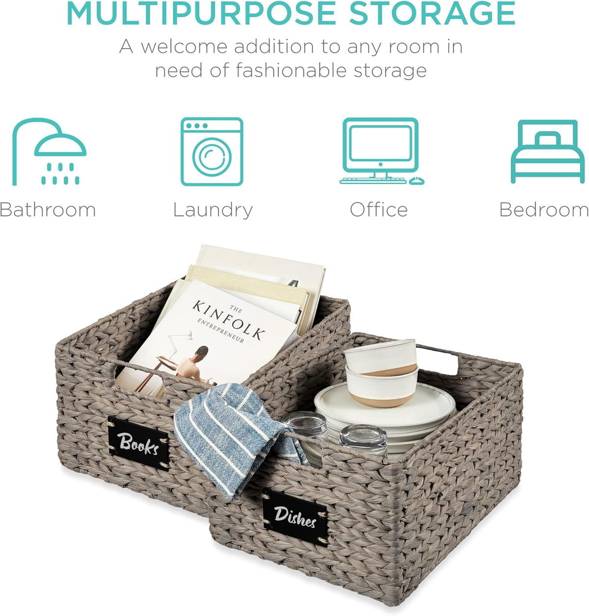Best Choice Products Pantry Baskets Set of 2 16x12in Water Hyacinth Storage Baskets, Woven Wicker Kitchen Organizers with handles w/Chalkboard Label Chalk Marker - Gray