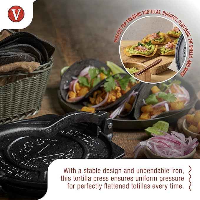 Victoria 8-Inch Cast Iron Tortilla Press HD Spherrous, Commercial-Grade Cast Iron Tortilla Maker, Roti Press, Pataconera Seasoned with Flaxseed Oil, Made in Colombia, Black