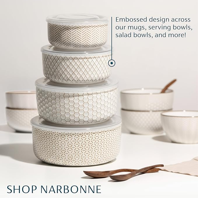 KooK Serving Bowls, with Lids, Ceramic Nesting Bowls, Set of 4, Embossed, Kitchen, Prep, Stackable, Gift, Microwave and Dishwasher Safe, 16/29/47/70 oz, Narbonne Collection (Ivory)