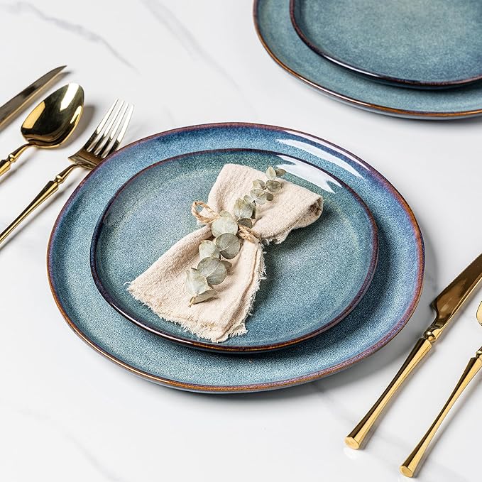 AmorArc Ceramic Dinnerware Sets,Handmade Reactive Glaze Stoneware Plates and Bowls Set,Highly Scratch Resistant | Dishwasher & Microwave Safe,Service for 4 Dishes Set - Reactive Blue(12pc)