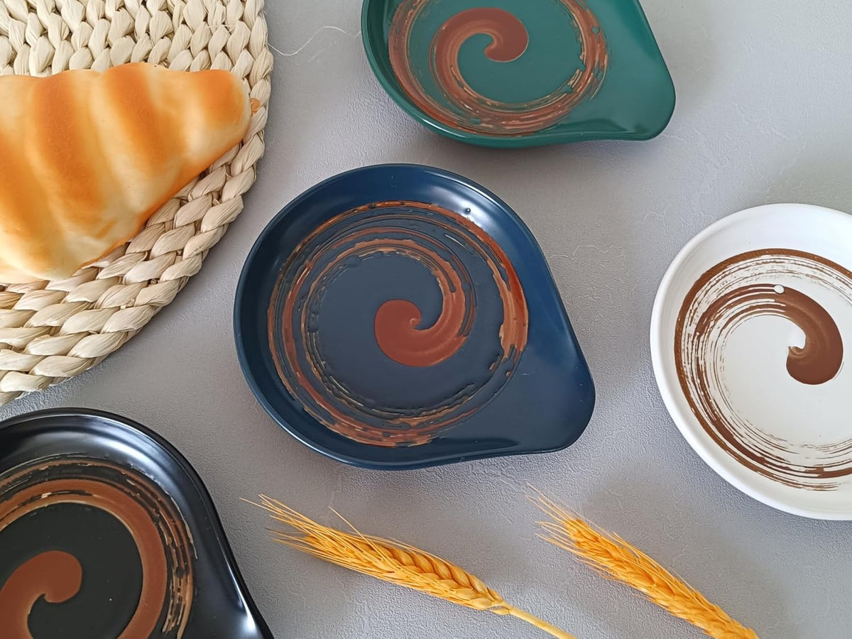Ceramic Spoon Rest for Stove Top, Hand Painted Brown Swirl Spoon Rest for Kitchen Counter, Retro Cooking Spoon Holder for Kitchen Counter, Utensil Rest for Spatula Ladle or Tong (Navy Blue)