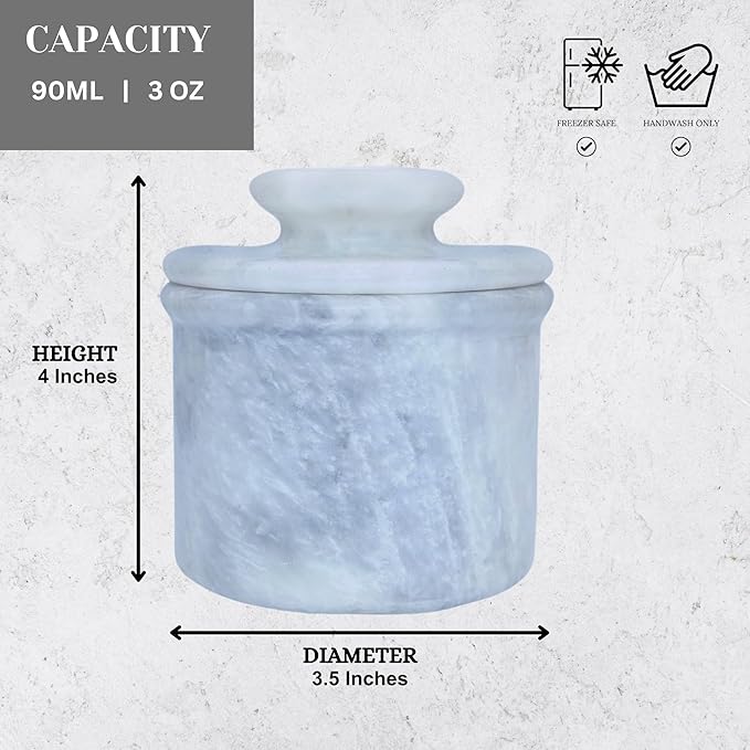 White Marble Butter Keeper with Lid | Soft Spreadable French Butter Crock for Countertop | Home and Kitchen Decor | Large (3 oz Capacity)