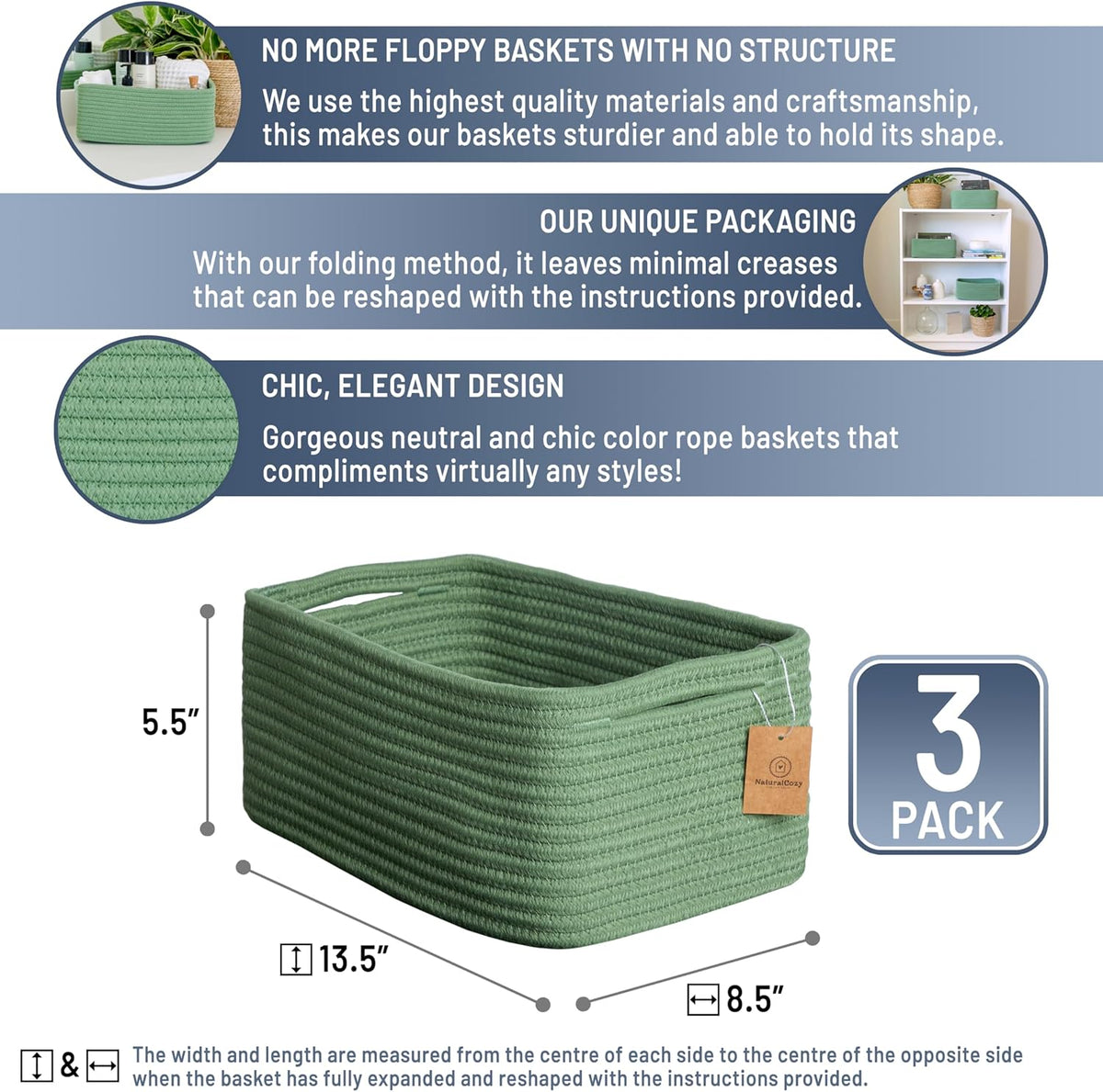 NaturalCozy 13.5”x8.5”x5.5” Rectangle Storage Baskets for Shelves 3 Pack | Cotton Rope Woven Small Baskets for Organizing | Small Storage Bins for Nursery, Bathroom, Closet, Shelf, Decorative