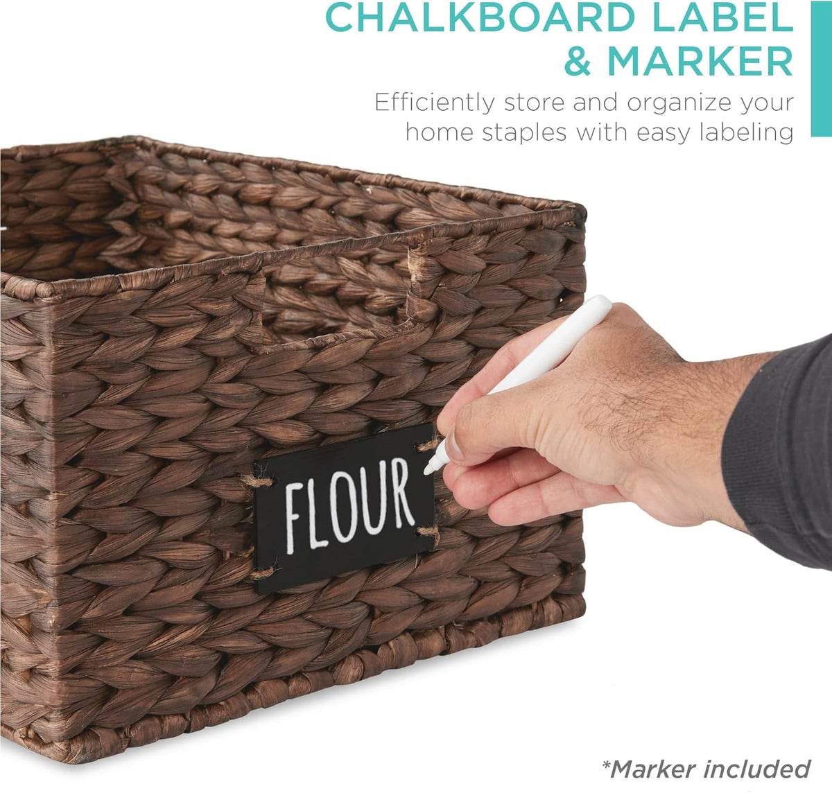 Best Choice Products Pantry Baskets Set of 2 16x12in Water Hyacinth Storage Baskets, Woven Wicker Organizers with handles w/Chalkboard Label Chalk Marker - Brown