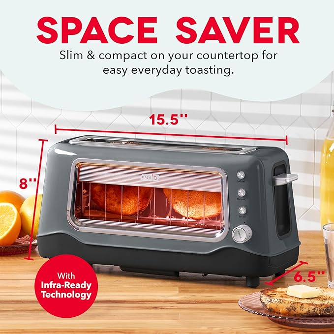 DASH Clear View Toaster: Extra Wide Slot Toaster with See Through Window - Defrost, Reheat + Auto Shut Off Feature for Bagels, Specialty Breads & other Baked Goods - Grey