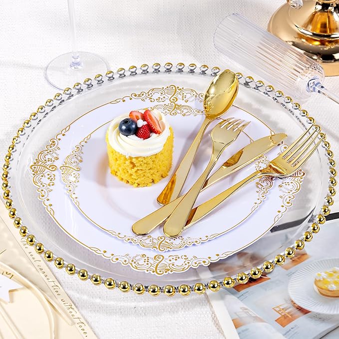 150 PCS Gold Plastic Silverware - Gold Plastic Flatware Disposable - Heavy Duty Disposable Utensils Sets Includes 50 Forks, 50 Spoons, 50 Knives for Thanksgiving Party Wedding