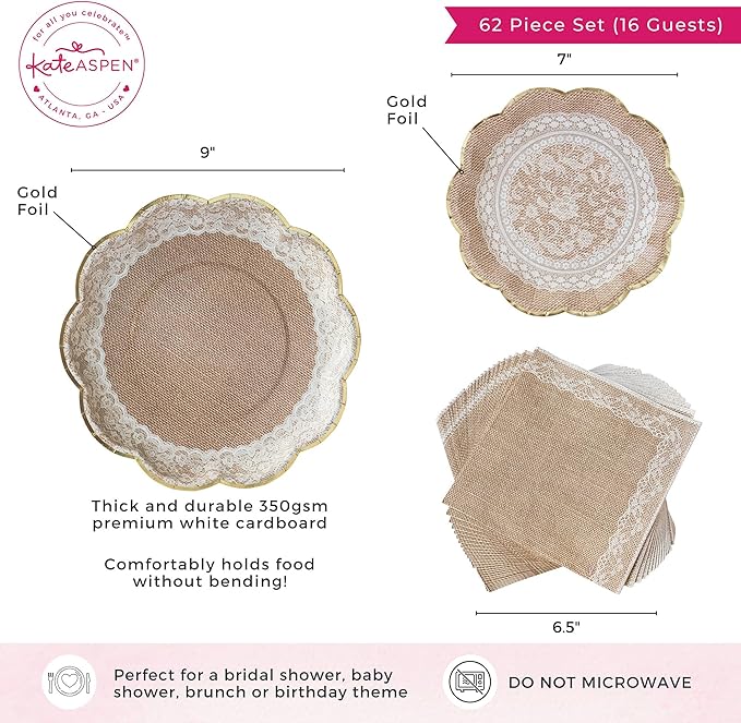 Kate Aspen Burlap & Lace Party Decorations - 62 Piece Rustic Bridal Shower and Wedding Tableware Set for 16 Guests - Disposable Floral Paper Plates and Napkins Party Supplies