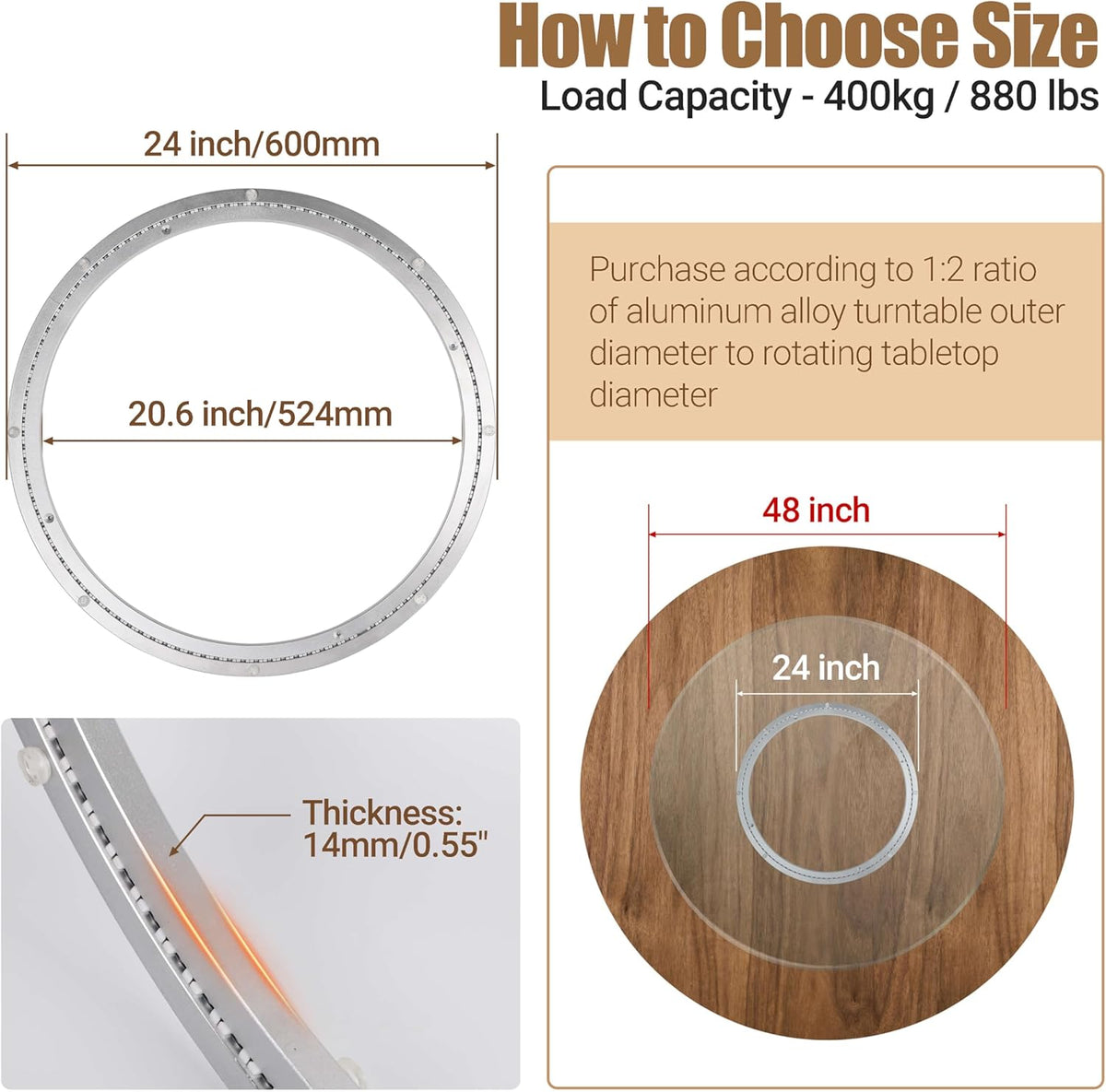 24 Inch Lazy Susan Bearing Heavy-Duty Aluminium Alloy Turntable Bearing, Mute Turntable Ball Bearing, Lazy Susan Hardware for Dining and DIY Dotating Furniture (Capacity up to 880lb)