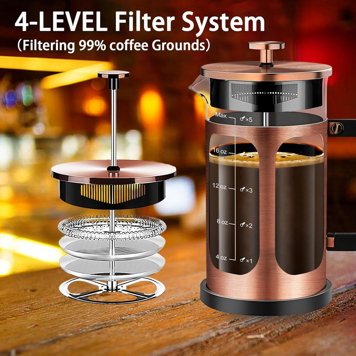 French Press Coffee Maker (21oz 600ML 3-4Cup) Coffee Press, with 4 Filters System, Heat Resistant Thickness Borosilicate Glass, Cold Brew Coffee Tea Pot Gifts (Copper)