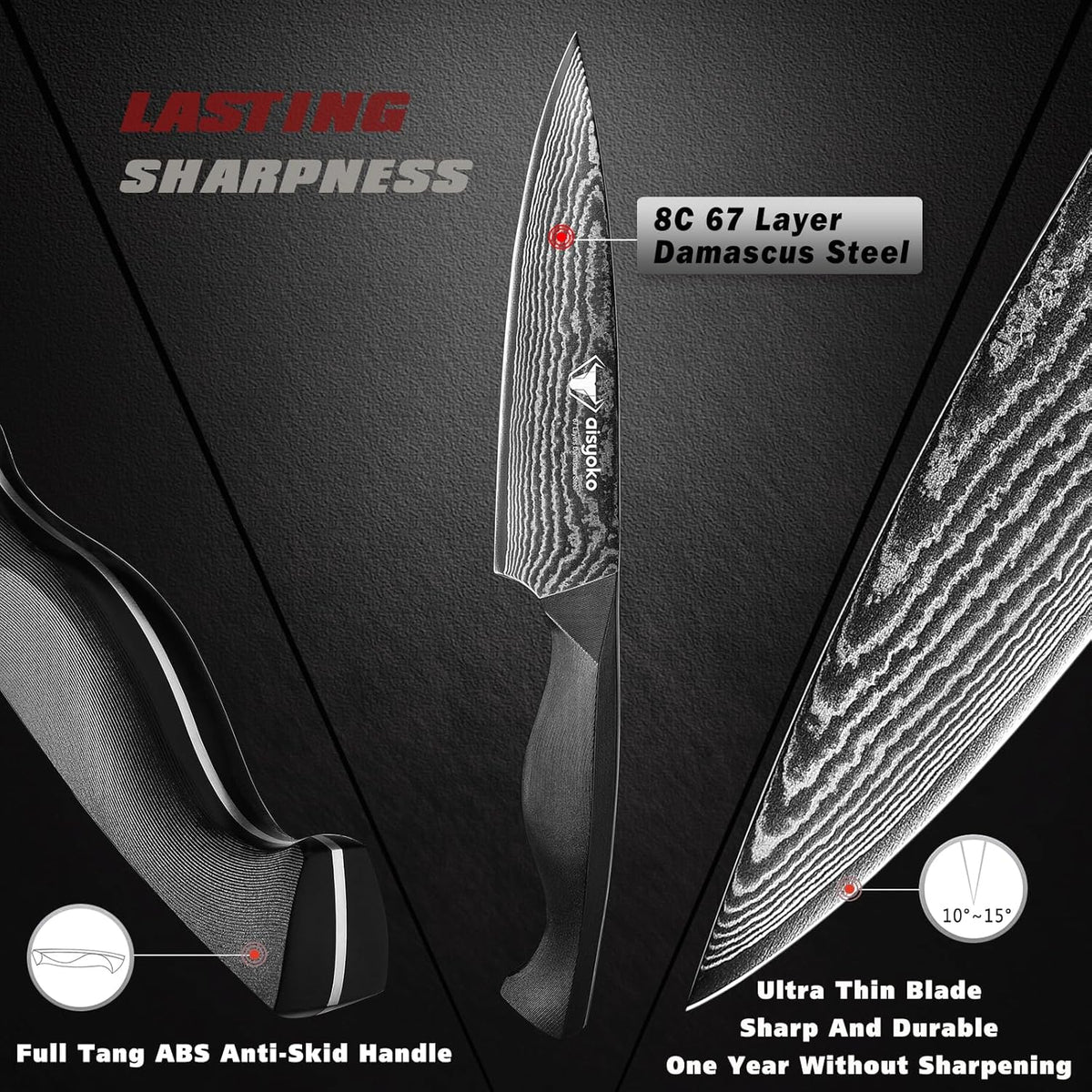 Professional Chef Knife 6.5" Damascus Kitchen Knife 8C High carbon stainless steel Super sharp,Full Tang ABS Anti-Skid Handle utility knife Japanese Cooking Knife with Luxury Gift Box