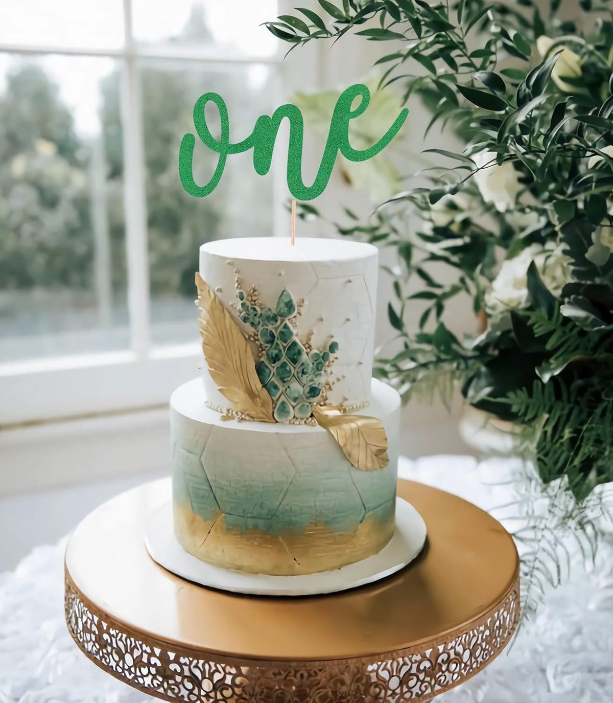 First Birthday Cake Topper - Green Glitter One Cake Decorating Supplies for Girls and Boys, Perfect for Baby Shower/Gender Revealing Party/Baby Party Photo Booth Props