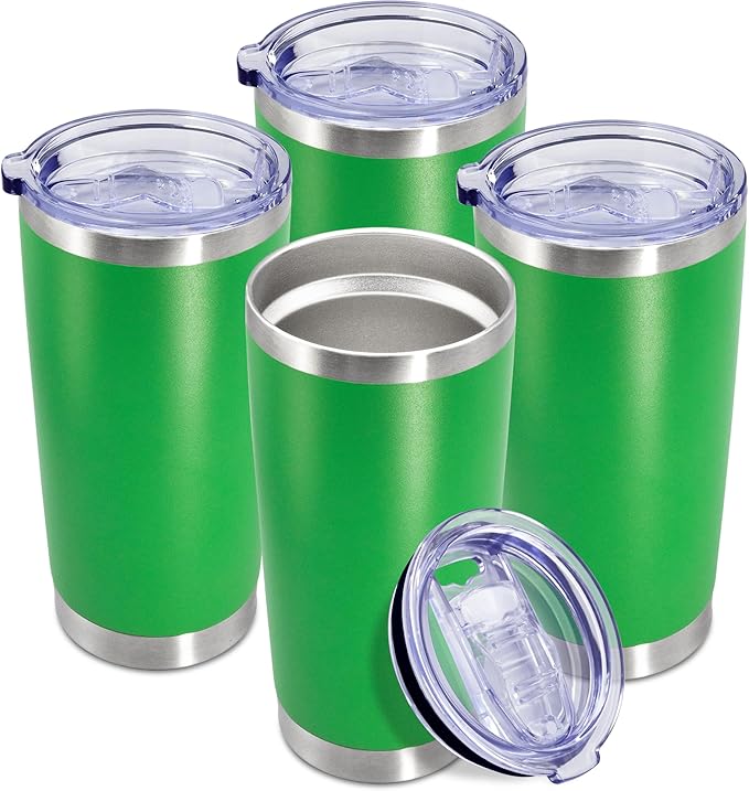 20 oz Tumbler Coffee Travel Tumblers Bulk with Lid Stainless Steel Double Wall Vacuum Insulated Mug Powder Coated Cups fit Car Cupholder for Hot and Cold - Green, 4Pack