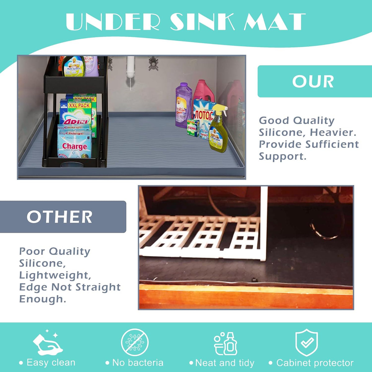URMONA Waterproof Silicone Under Sink Mat 37'' x 22'' Shelf Liner for Kitchen and Bathroom, Cabinet and Counter Protector, Storage and Organizers, Litter Mat, Pet Cat Puppy Essentials(Dark Grey)