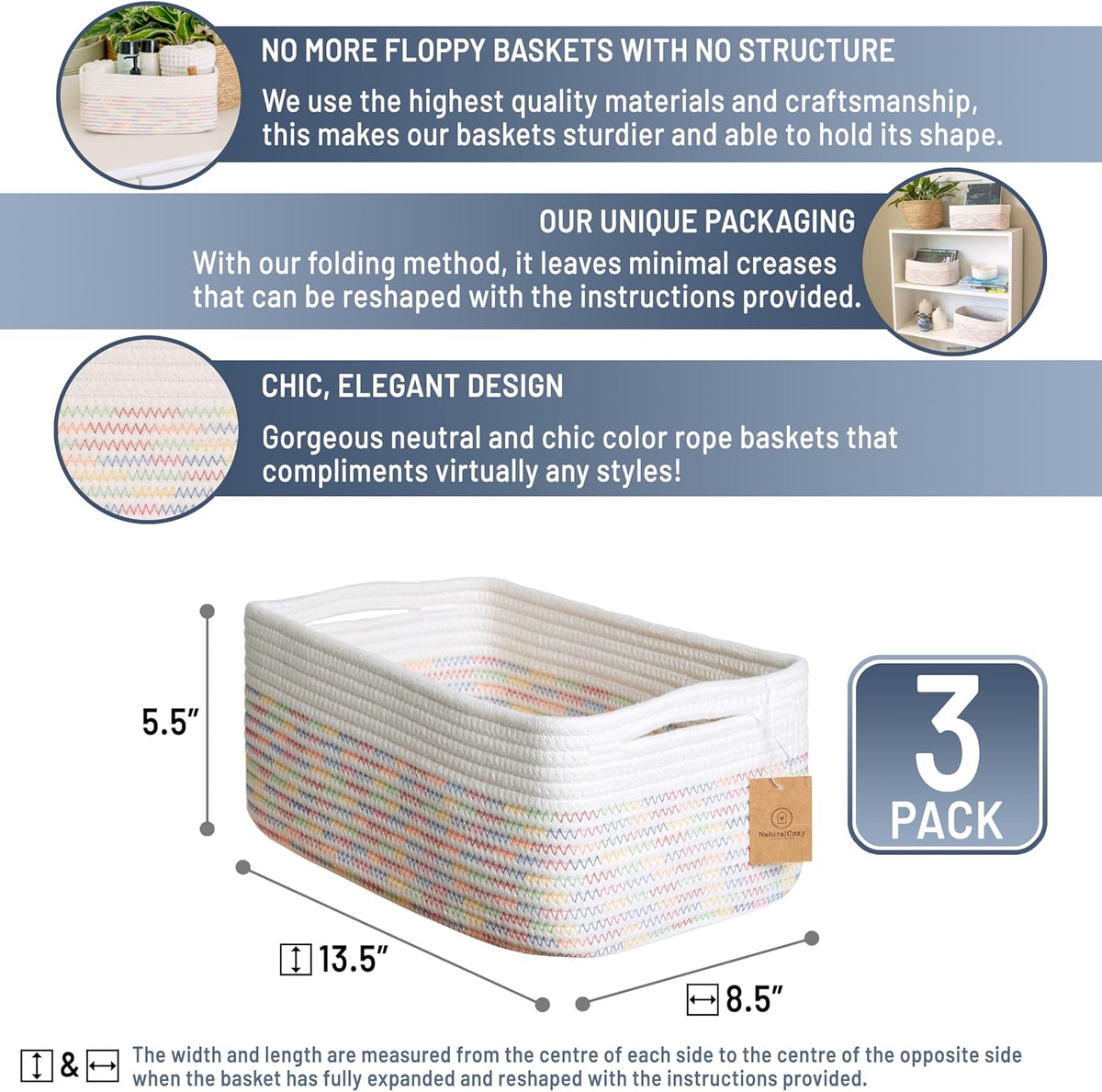 NaturalCozy 13.5”x8.5”x5.5” Rectangle Storage Baskets for Shelves 3 Pack | Cotton Rope Woven Small Baskets for Organizing | Small Storage Bins for Nursery, Bathroom, Closet, Shelf, Decorative